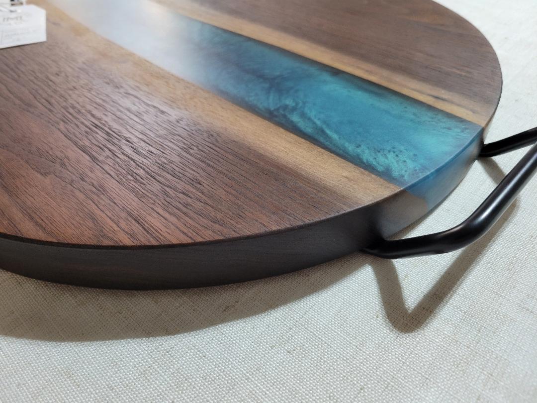 Charcuterie River Board, 16" Round Walnut with Mermaid Dust Resin