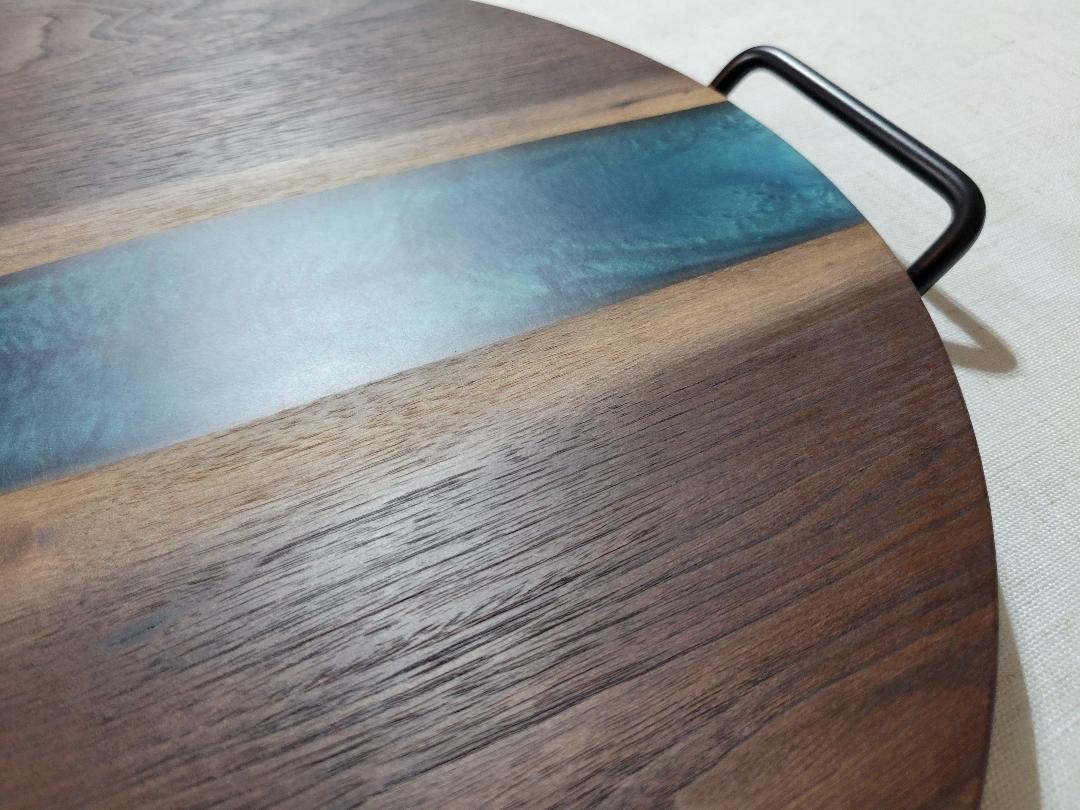 Charcuterie River Board, 16" Round Walnut with Mermaid Dust Resin