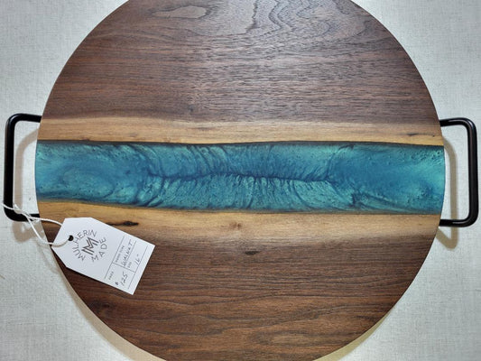 Charcuterie River Board, 16" Round Walnut with Mermaid Dust Resin
