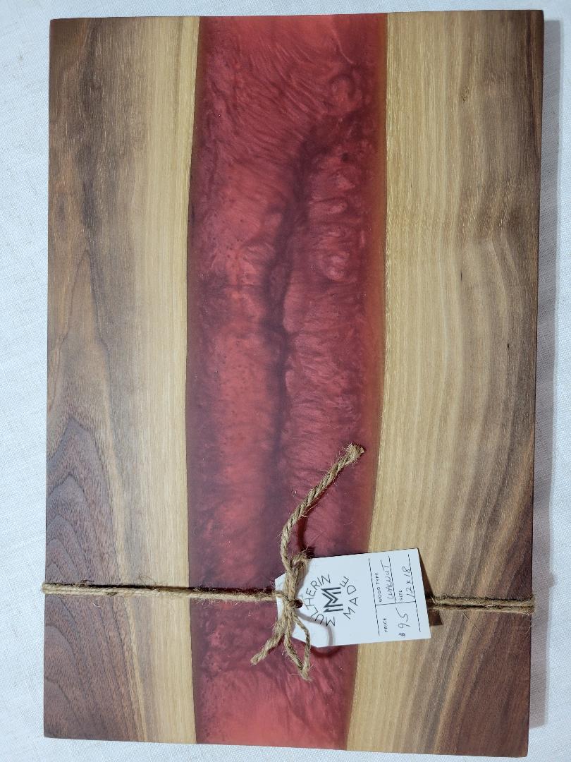Charcuterie River Board, 12x18" Walnut with Red Resin