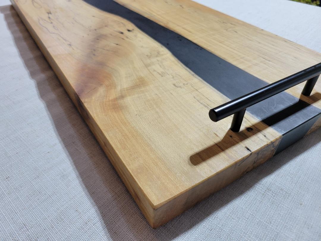 Charcuterie River Board, 11x23" Hickory with Black Resin