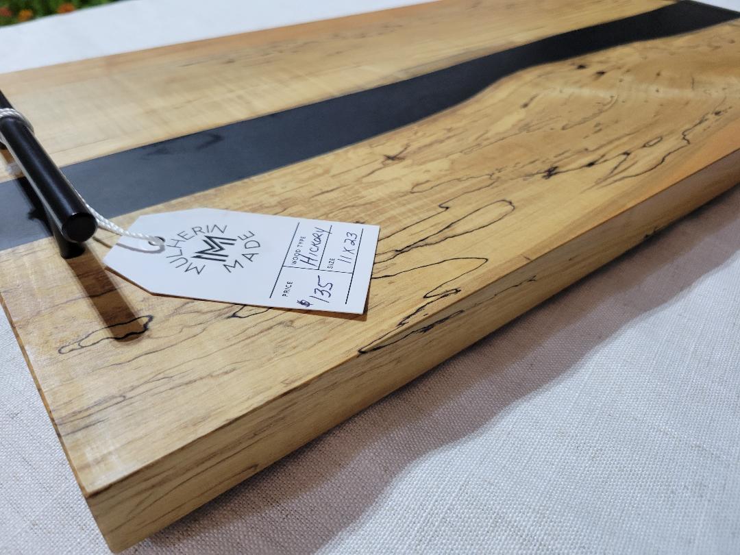 Charcuterie River Board, 11x23" Hickory with Black Resin